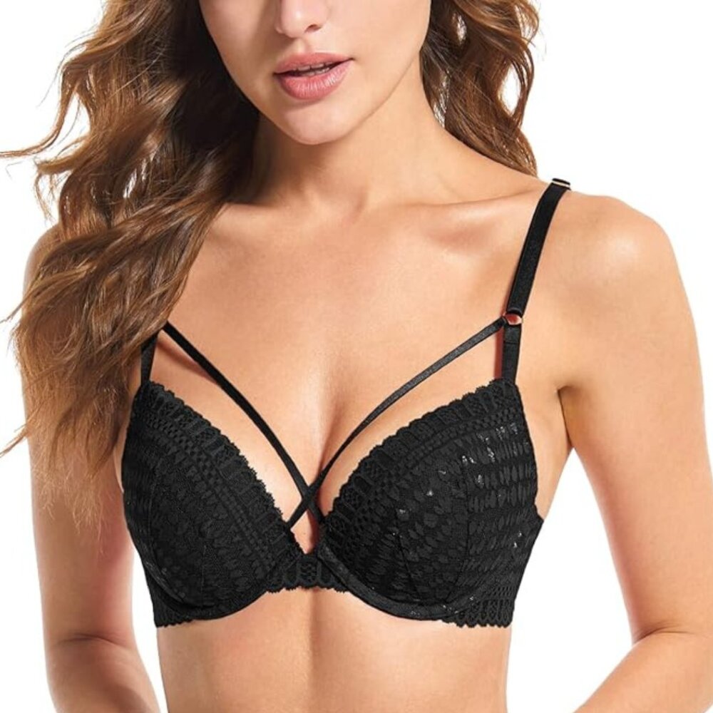 DEYLLO Black Push up Lace Strappy  Padded Underwire Bra 38DD NWT‎